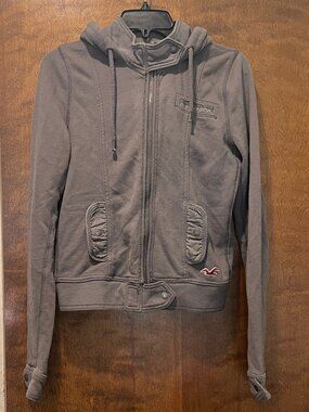 Hollister Co. Grey Full Zip Hoodie Cotton Blend Seagull Logo Y2K Retro Size M
